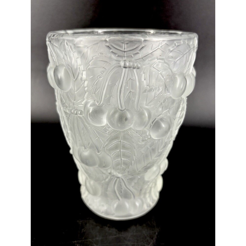 Josef Inwald Barolac Cherries Art Deco Czech Frosted Glass Vase Clear 6.5" Tall